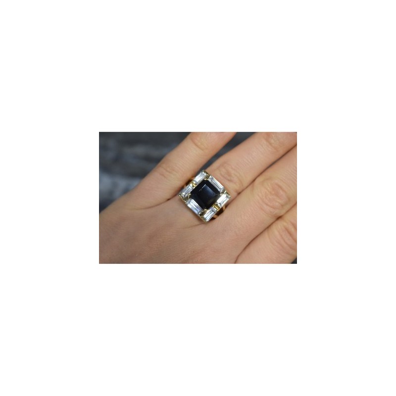 925 Sterling Silver Gold Plated Jewelry Glass & CZ Ring Size 6.5