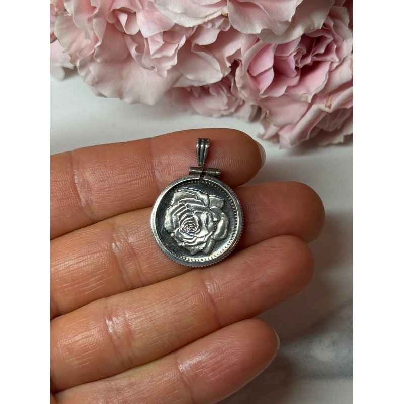 925 Sterling Silver Pendant-Medal Rose Length 1.3 In