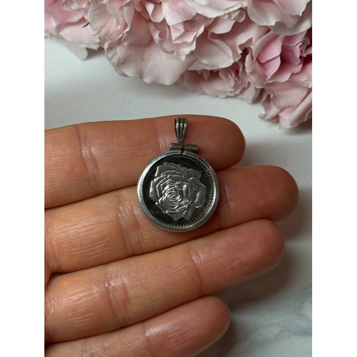 925 Sterling Silver Pendant-Medal Rose Length 1.3 In