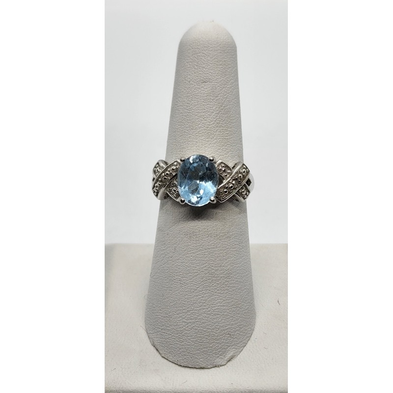 925 Sterling Silver With Topaz & Diamonds Ring Size 7