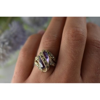 Vintage 925 Sterling Silver Purple Tourmaline & Marcasites Ring Size 6.75