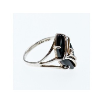 925 Sterling Silver Black Nephrite ( Jade ) & Diamond Ring Size 8.5