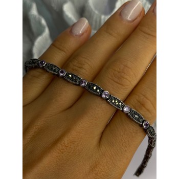 925 Sterling Silver Amethyst & Marcasite Bracelet Length 7.5