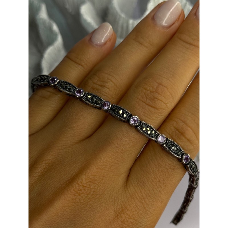 925 Sterling Silver Amethyst & Marcasite Bracelet Length 7.5