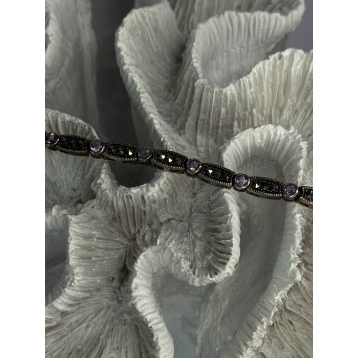 925 Sterling Silver Amethyst & Marcasite Bracelet Length 7.5