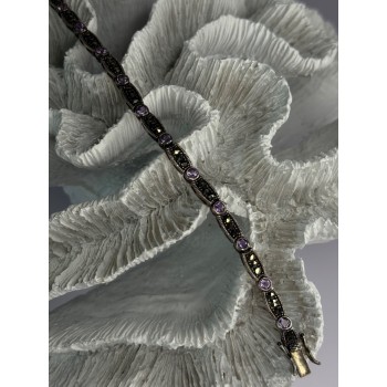 925 Sterling Silver Amethyst & Marcasite Bracelet Length 7.5