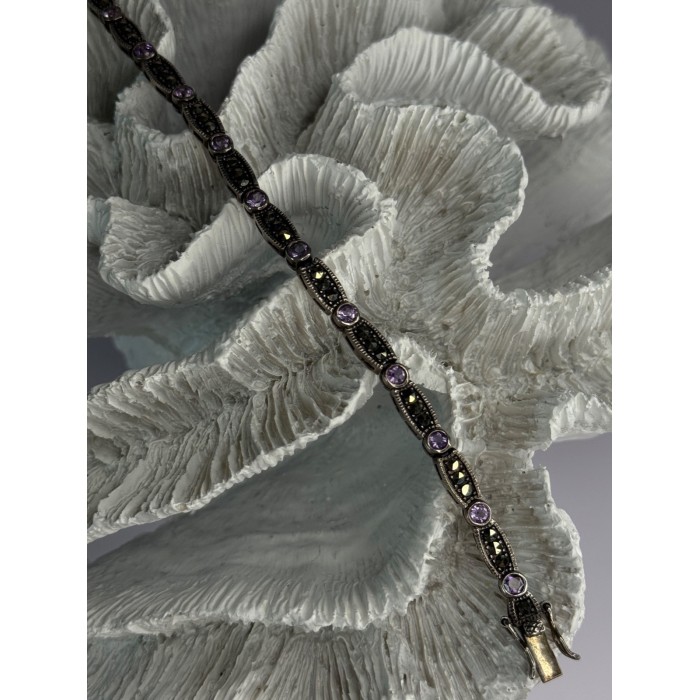 925 Sterling Silver Amethyst & Marcasite Bracelet Length 7.5