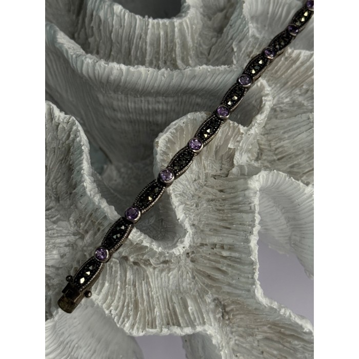 925 Sterling Silver Amethyst & Marcasite Bracelet Length 7.5