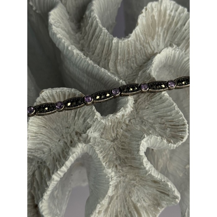 925 Sterling Silver Amethyst & Marcasite Bracelet Length 7.5