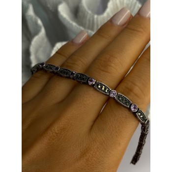 925 Sterling Silver Amethyst & Marcasite Bracelet Length 7.5