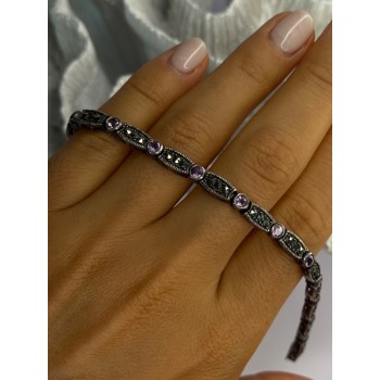 925 Sterling Silver Amethyst & Marcasite Bracelet Length 7.5
