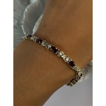925 Sterling Silver Garnet & Beryl Bracelet Length 7