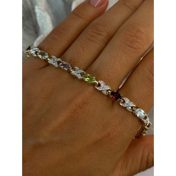 925 Sterling Silver Gold Plated Multi Color Gemstones Bracelet Length 7.5