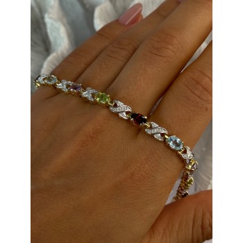 925 Sterling Silver Gold Plated Multi Color Gemstones Bracelet Length 7.5