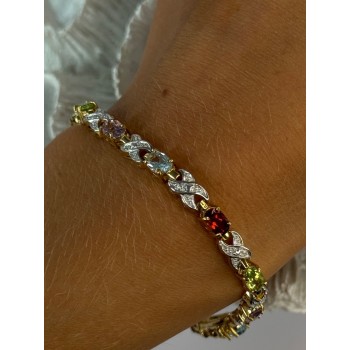 925 Sterling Silver Gold Plated Multi Color Gemstones Bracelet Length 7.5