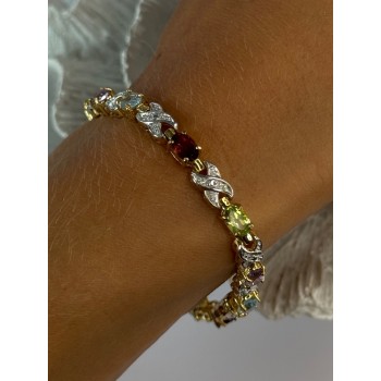 925 Sterling Silver Gold Plated Multi Color Gemstones Bracelet Length 7.5