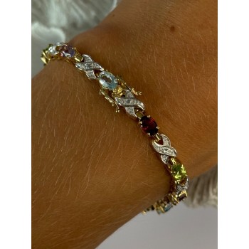 925 Sterling Silver Gold Plated Multi Color Gemstones Bracelet Length 7.5