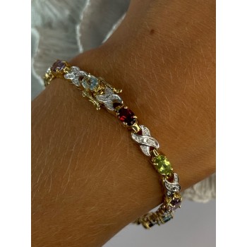 925 Sterling Silver Gold Plated Multi Color Gemstones Bracelet Length 7.5