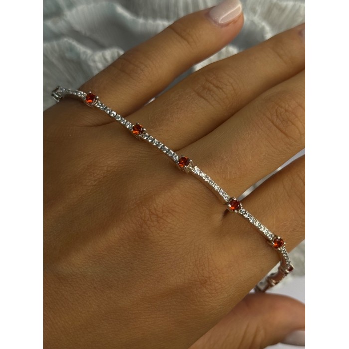 925 Sterling Silver Red Spinel & Beryl Bracelet Length 7.5