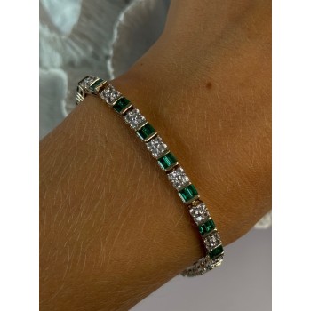 925 Sterling Silver 14K Gold Plated Emerald & Beryl Bracelet Length 7.5