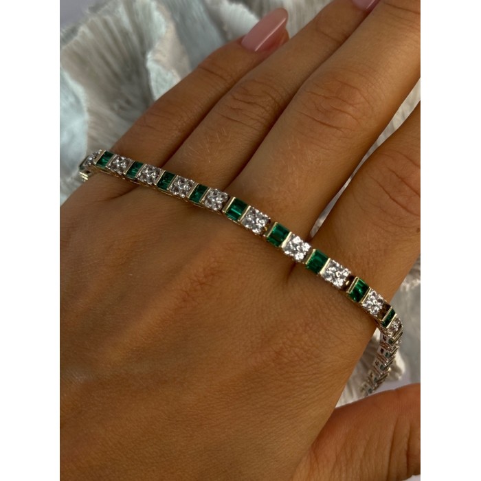 925 Sterling Silver 14K Gold Plated Emerald & Beryl Bracelet Length 7.5