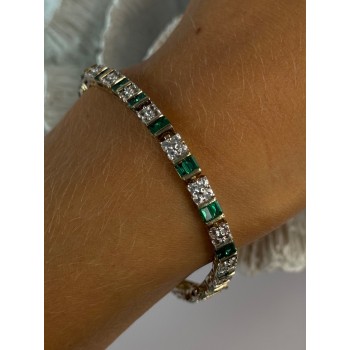 925 Sterling Silver 14K Gold Plated Emerald & Beryl Bracelet Length 7.5