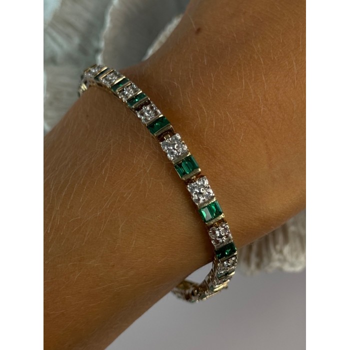 925 Sterling Silver 14K Gold Plated Emerald & Beryl Bracelet Length 7.5