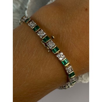 925 Sterling Silver 14K Gold Plated Emerald & Beryl Bracelet Length 7.5