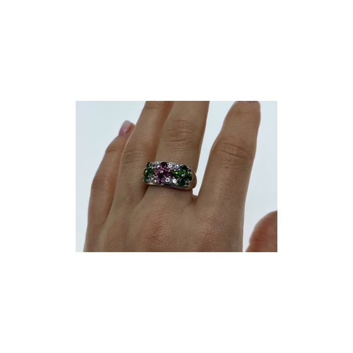 925 Sterling Silver Emerald, Pink Topaz & Goshenite 