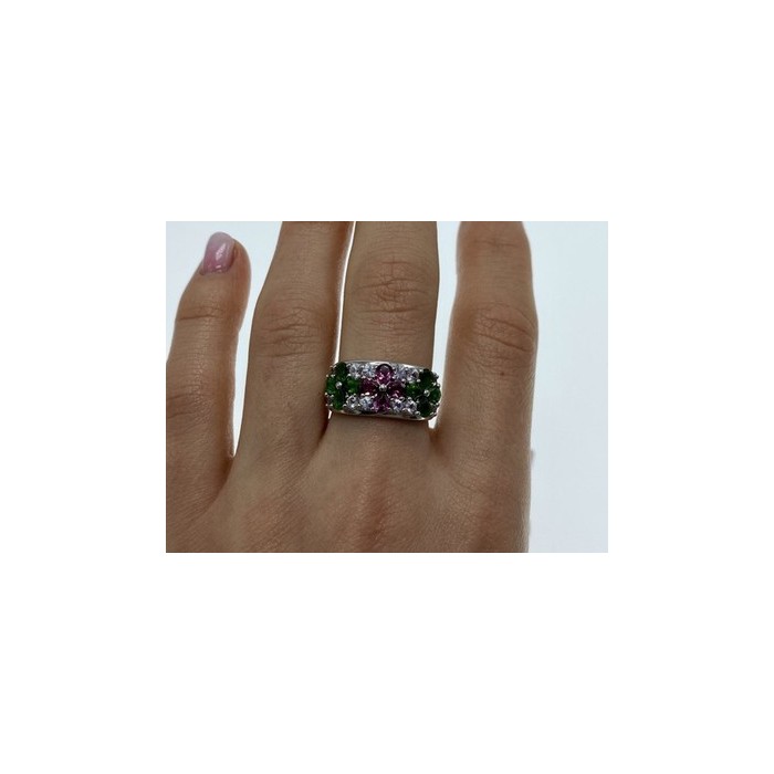 925 Sterling Silver Emerald, Pink Topaz & Goshenite 