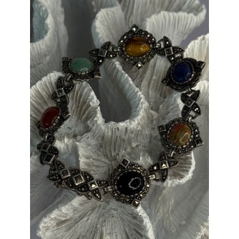 Vintage 925 Sterling Silver Multi Color Stones Bracelet Lenght 8