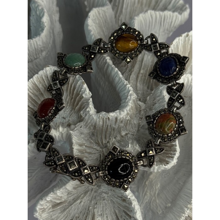 Vintage 925 Sterling Silver Multi Color Stones Bracelet Lenght 8