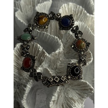 Vintage 925 Sterling Silver Multi Color Stones Bracelet Lenght 8