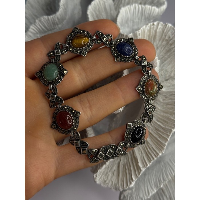 Vintage 925 Sterling Silver Multi Color Stones Bracelet Lenght 8