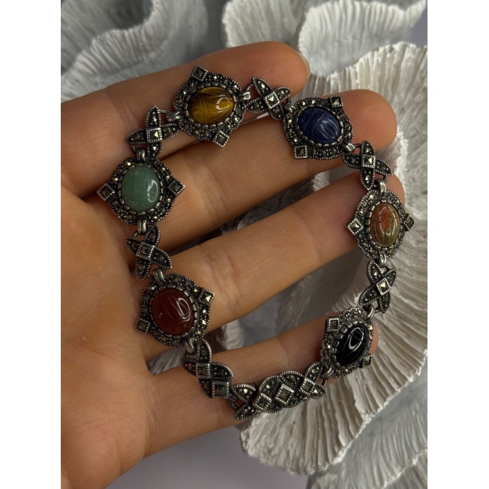 Vintage 925 Sterling Silver Multi Color Stones Bracelet Lenght 8