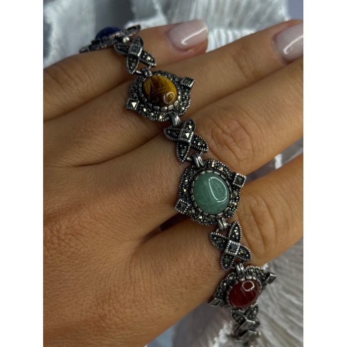 Vintage 925 Sterling Silver Multi Color Stones Bracelet Lenght 8