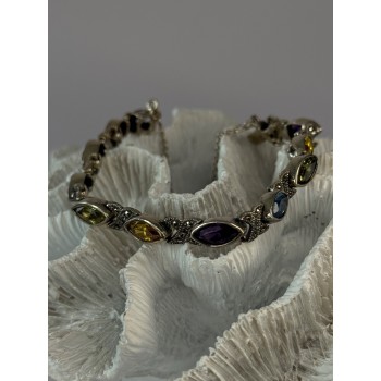 Vintage 925 Sterling Silver Multi Color Gemstones Bracelet Length 7