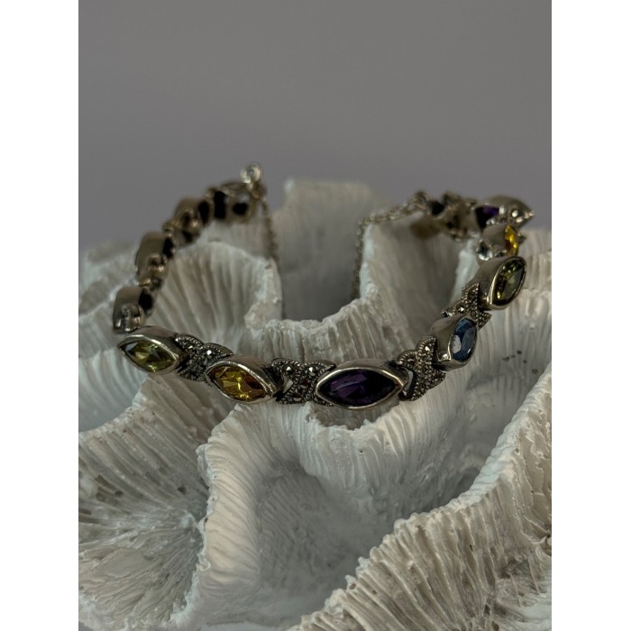 Vintage 925 Sterling Silver Multi Color Gemstones Bracelet Length 7
