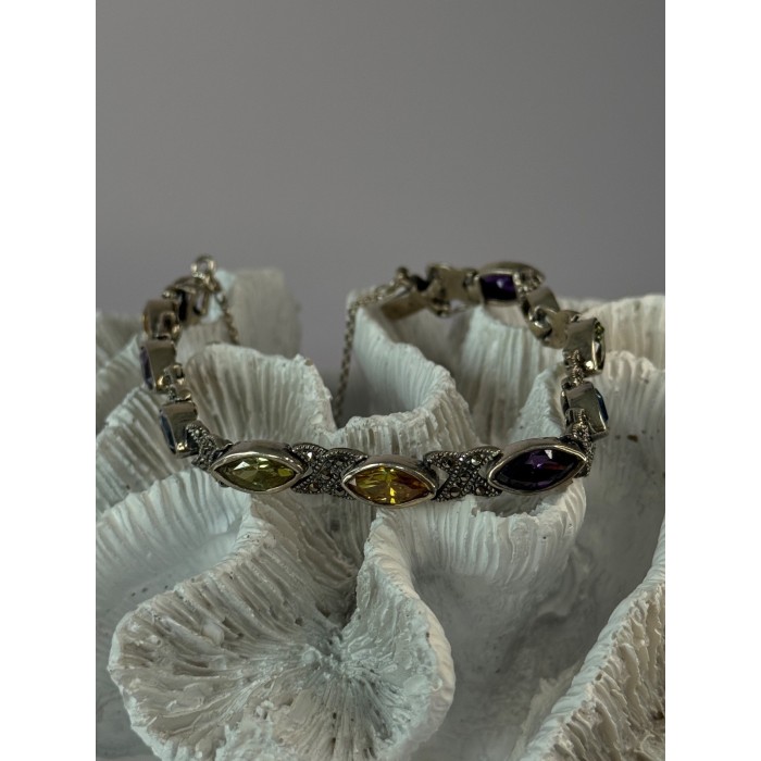 Vintage 925 Sterling Silver Multi Color Gemstones Bracelet Length 7