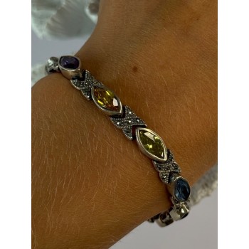 Vintage 925 Sterling Silver Multi Color Gemstones Bracelet Length 7