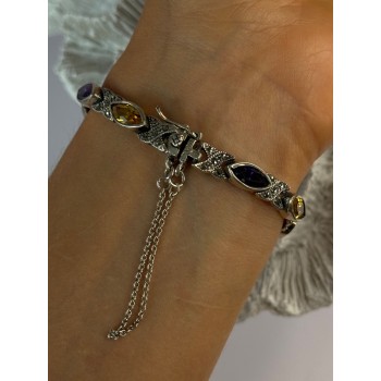 Vintage 925 Sterling Silver Multi Color Gemstones Bracelet Length 7