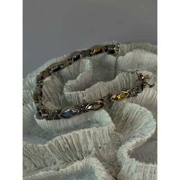 Vintage 925 Sterling Silver Multi Color Gemstones Bracelet Length 7