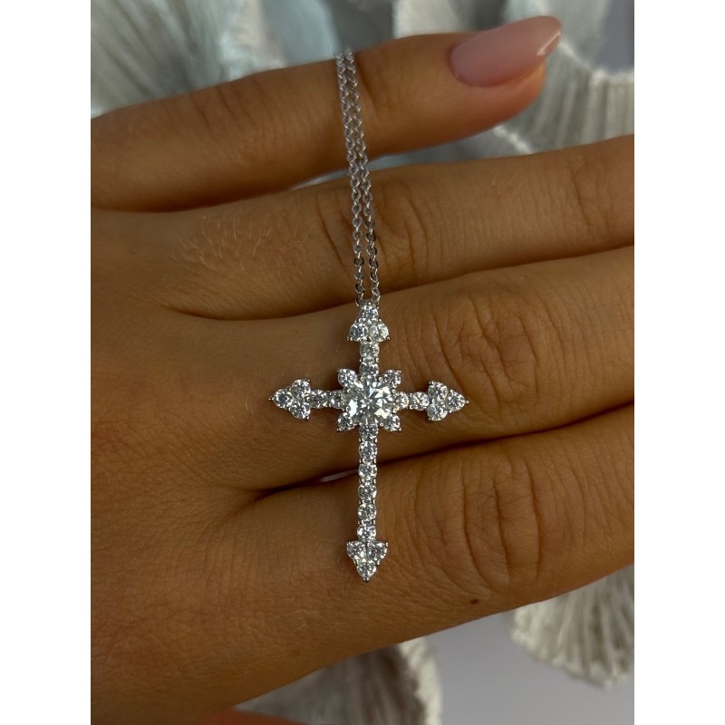 925 Sterling Silver Cross Cz Necklace Length 17/15 inch