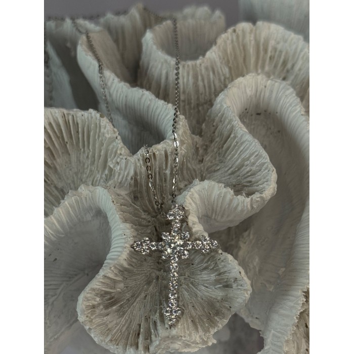 925 Sterling Silver Cross Cz Necklace Length 17/15 inch