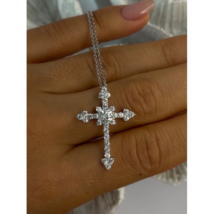 925 Sterling Silver Cross Cz Necklace Length 17/15 inch