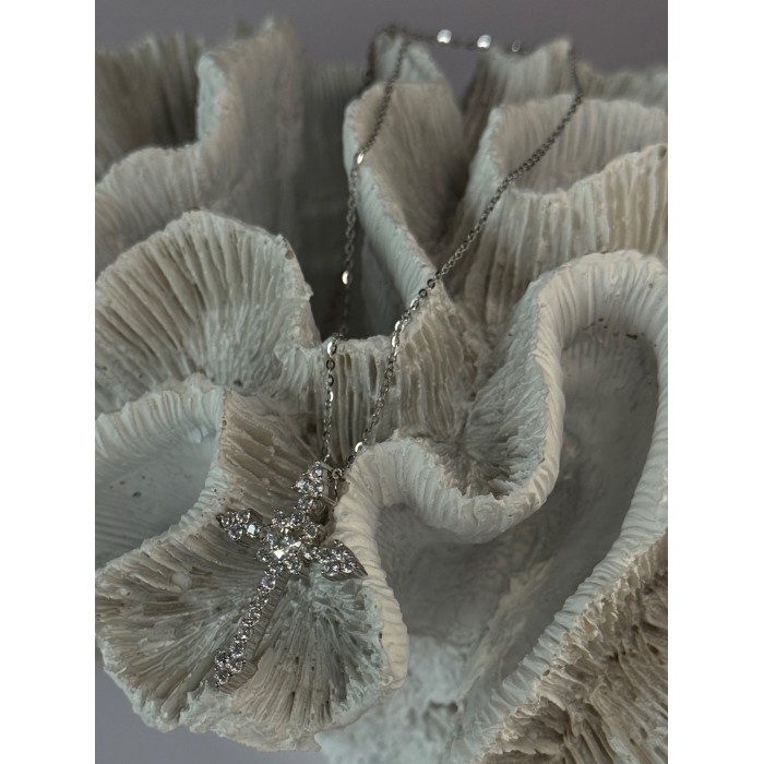 925 Sterling Silver Cross Cz Necklace Length 17/15 inch