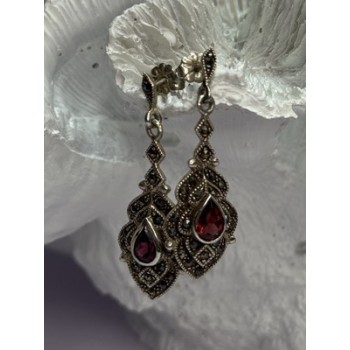 925 Sterling Silver Garnet & Marcasite Earrings Length 1.5 Inch