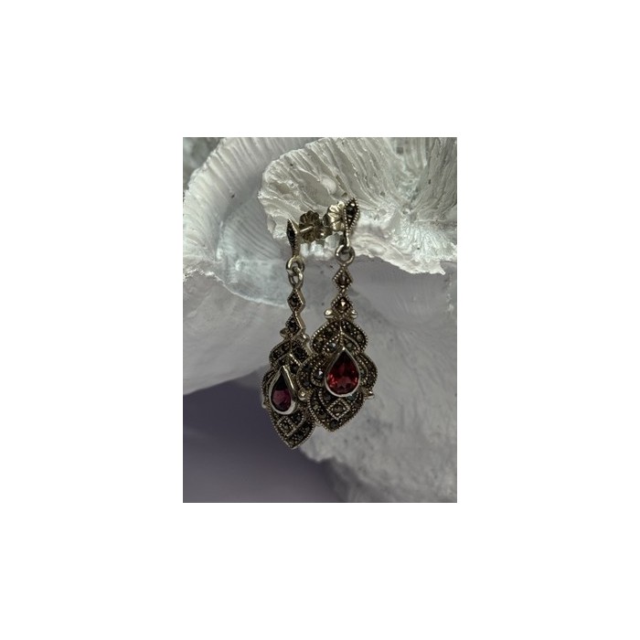 925 Sterling Silver Garnet & Marcasite Earrings Length 1.5 Inch