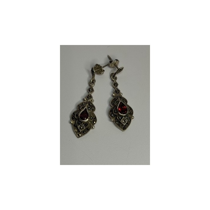 925 Sterling Silver Garnet & Marcasite Earrings Length 1.5 Inch