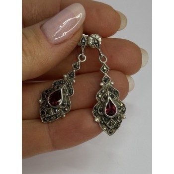 925 Sterling Silver Garnet & Marcasite Earrings Length 1.5 Inch